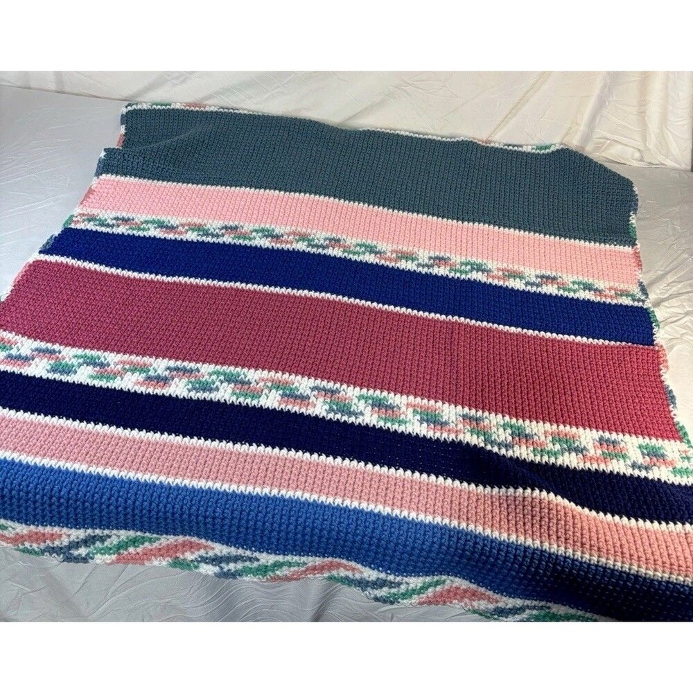 Handmade Crochet Lap Throw Baby Blanket 40x40 Boho Striped Afghan New